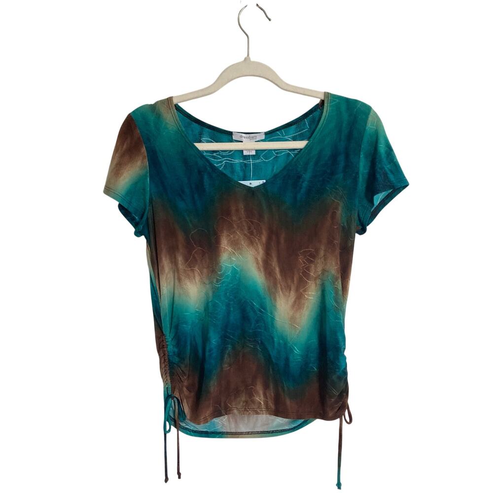 Y2K Teal and Brown Tie Dye Dress Barn Top